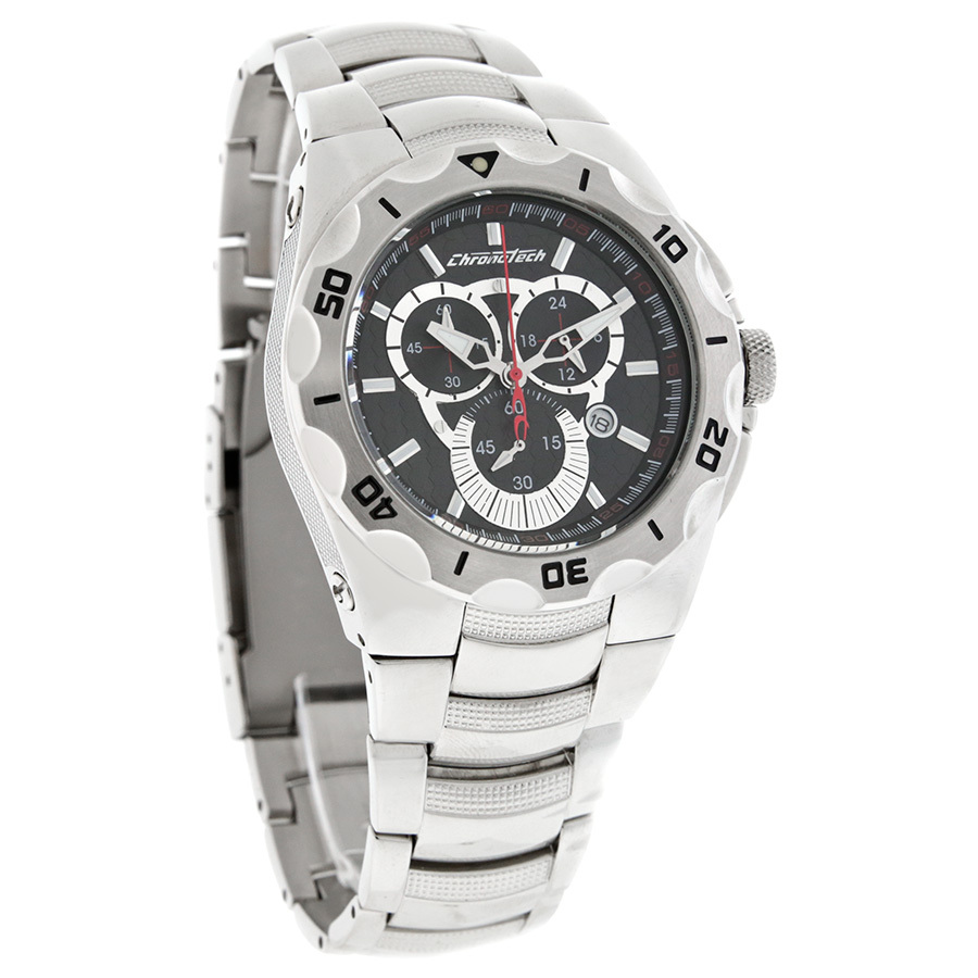 CHRONOTECH MENS BLACK DIAL STAINLESS STEEL BRACELET QUARTZ WATCH