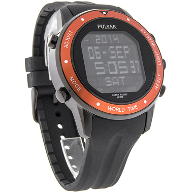 PULSAR WORLD TIME DIGITAL QUARTZ CHRONOGRAPH MENS ORANGE BEZEL W