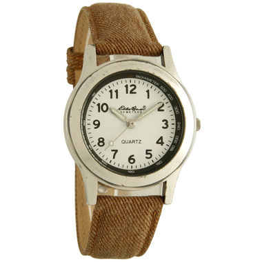 EDDIE BAUER L.B. FIELD ANTIQUED SILVER WHITE DIAL BROWN DENIM LE