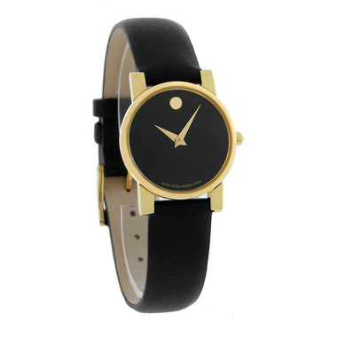 MOVADO MODERNA LADIES GOLD TONE BLACK LEATHER STRAP SWISS QUARTZ