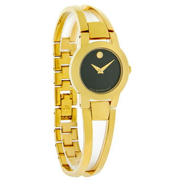 MOVADO AMOROSA LADIES BLACK MUSEUM DIAL GOLD TONE BANGLE BRACELE