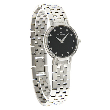 MOVADO FACETO DIAMOND LADIES BLACK DIAL SWISS QUARTZ WATCH 06055