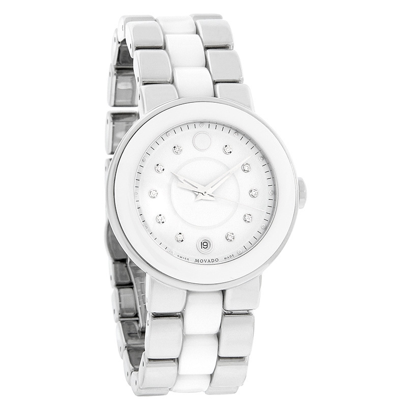 MOVADO CERENA LADIES WHITE CERAMIC DIAMOND SWISS QUARTZ WATCH 06