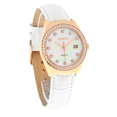 GENEVA LADIES CRYSTAL MOP ROSE GOLD WHITE LEATHER STRAP DRESS QU