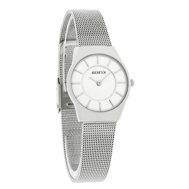 GENEVA LADIES WHITE DIAL STAINLESS STEEL MESH BRACELET DRESS QUA