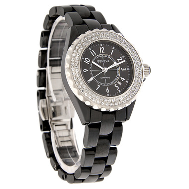 GENEVA J SEREIS LADIES CRYSTAL BLACK CERAMIC QUARTZ WATCH 9235LB