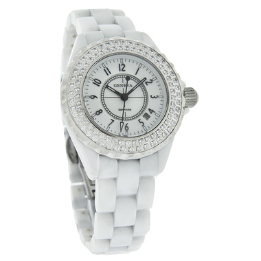 GENEVA J SERIES WHITE CERAMIC LADIES CRYSTAL QUARTZ WATCH 910109