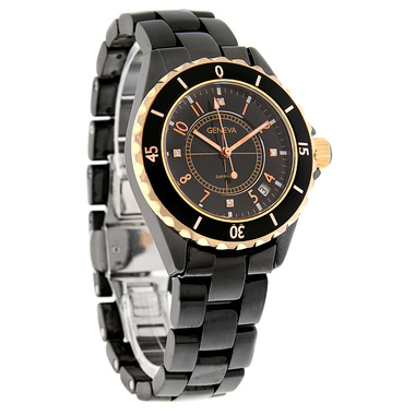 GENEVA J SERIES LADIES DIAMOND BLACK CERAMIC QUARTZ WATCH 9235MR