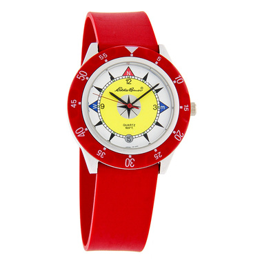 EDDIE BAUER MENS 36MM YELLOW COMPASS RED RUBBER BAND QUARTZ WATC