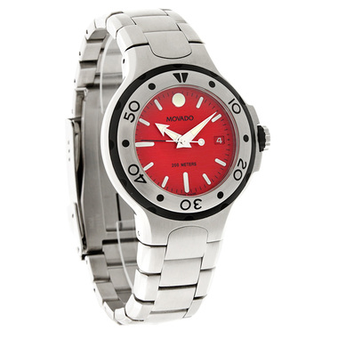 MOVADO SERIES 800 RED DIAL STAINLESS STEEL SWISS QUARTZ WATCH 26