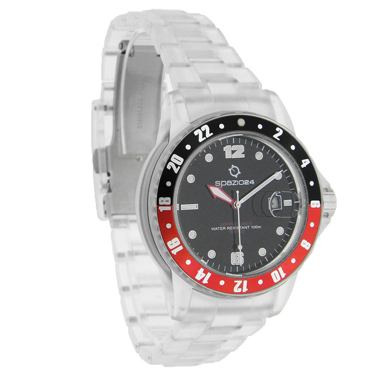 SPAZIO24 COOL MENS BLACK & RED BEZEL MAGNIFED DATE QUARTZ WATCH