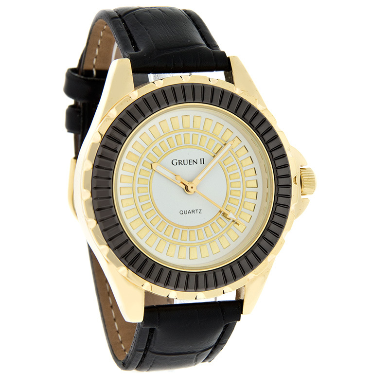 GRUEN II UNISEX 39MM GOLD TONE BLACK LEATHER STRAP DRESS QUARTZ