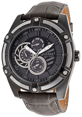 Guess Men's Multi-Function Dark Grey Genuine Leather and Dial