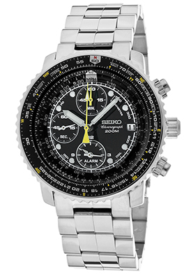 Seiko Men's Flightmaster Chrono Alarm Stainless Steel Black Dial