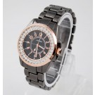 Black Steel Women's Big Size Noble Diamonds Quartz Wrist Watch N