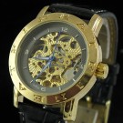 Mens Gold Skeleton Self-winding Mechanical Leather Watch WA005